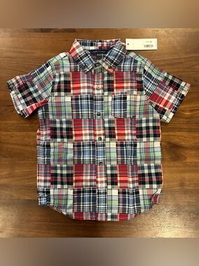 Janie and Jack Red Navy Green Plaid Short-Sleeve Button-Down Shirt